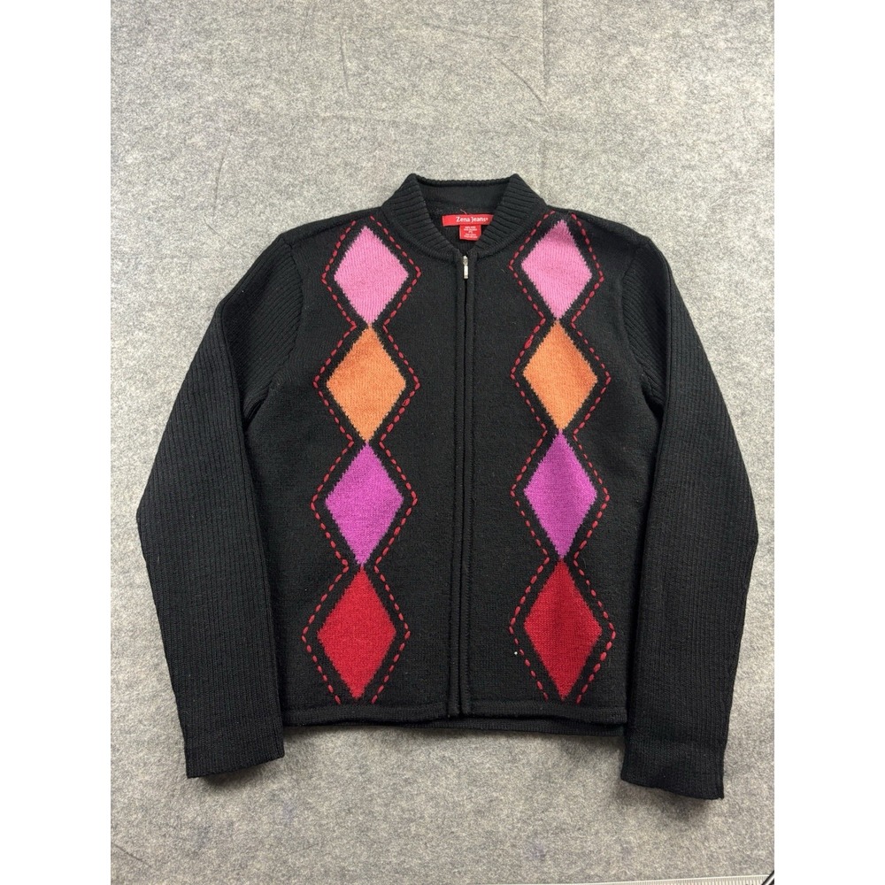 Zena Jeans VTG Argyle Diamond Zip Up Jacket Long Cardigan 100% Wool Women's PS